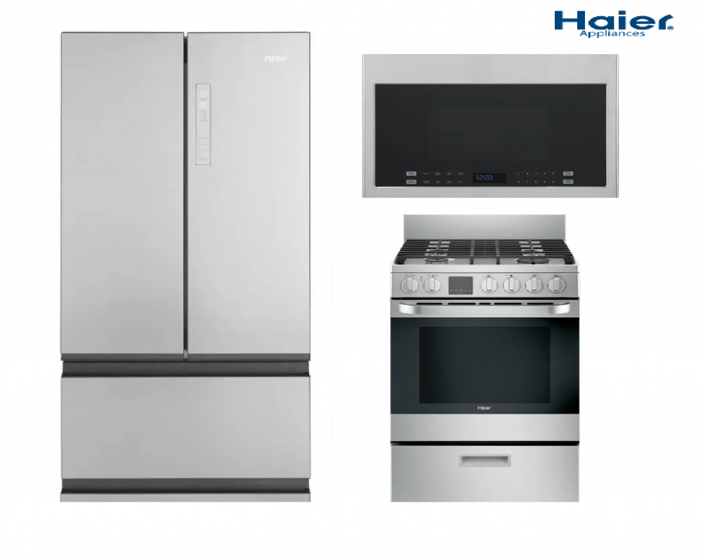 Haier Appliance 4 Door Refrigerator & Gas Range with Microwave - Set of 3 -  Stainless Steel